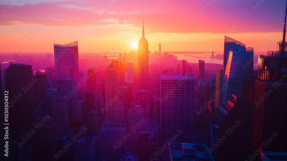 Fototapeta premium Vibrant Sunset Over New York City Skyline