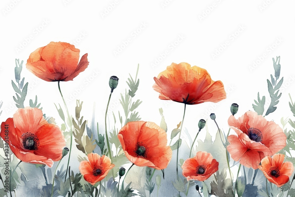 Obraz premium Watercolor poppy clipart in various color and angle. frame, copy space. ai generated
