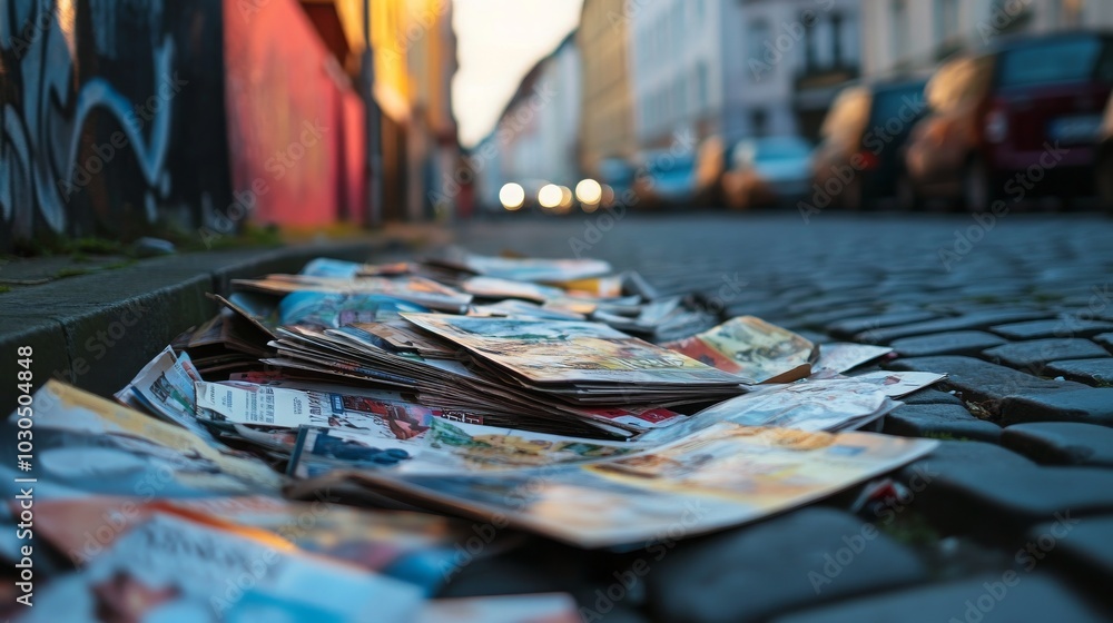 Travel brochures discarded as waste on a street in Germany due to COVID-19. Travel brochures discarded as waste on a street in Germany due to COVID-19.