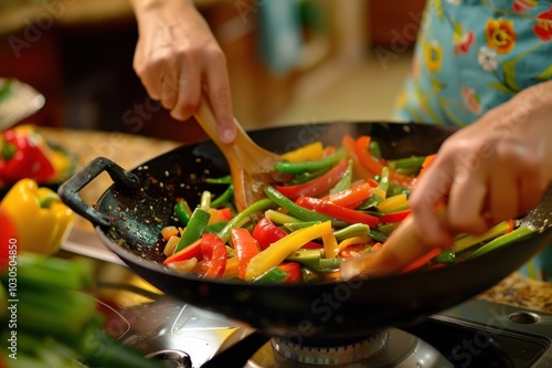 Close-up of hands stirring vibrant bell peppers in a wok, highlighting fresh ingredients and cooking process.