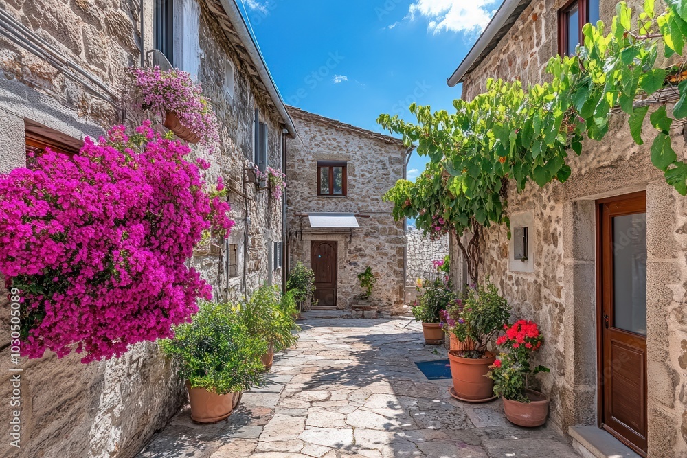 A charming stone alley adorned with vibrant flowers and greenery. A charming stone alley adorned with vibrant flowers and greenery.