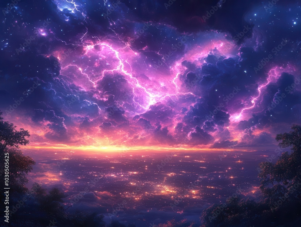 Fototapeta premium glowing lightning electrifies the night sky, casting a mesmerizing glow over the landscape, illuminating the surroundings in an enchanting display of nature's power and beauty
