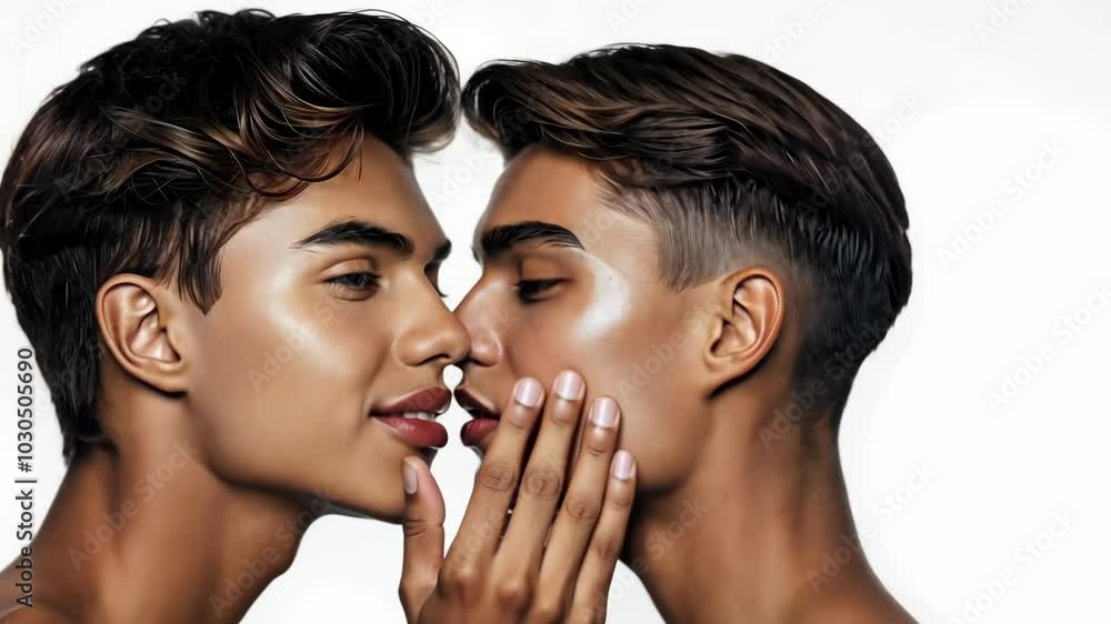 Two Young Men Touching Faces with Radiant Skin on isolated White Background for Concept of Beauty, Romance Two Young Men Touching Faces with Radiant Skin on isolated White Background for Concept of Beauty, Romance
