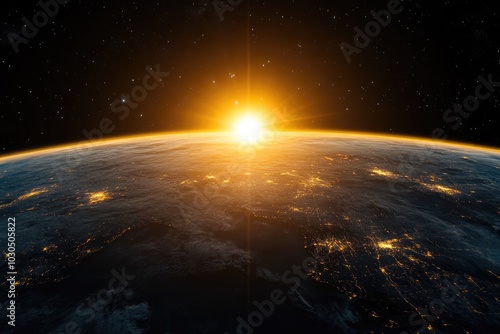 The sun rises over the Earth, showing its light and the horizon in space.