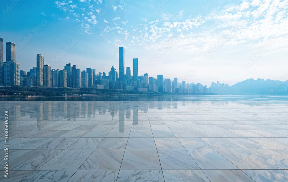 Empty marble square reflecting modern city skyline with blue sky Empty marble square reflecting modern city skyline with blue sky