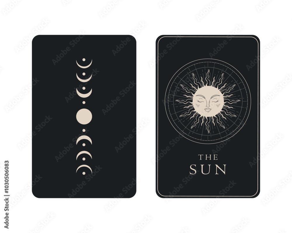 Tarot card with reverse side. The Sun Major Arcana symbol. Tarot symbolism. Mystery, astrology, esoteric. Vector illustration Tarot card with reverse side. The Sun Major Arcana symbol. Tarot symbolism. Mystery, astrology, esoteric. Vector illustration