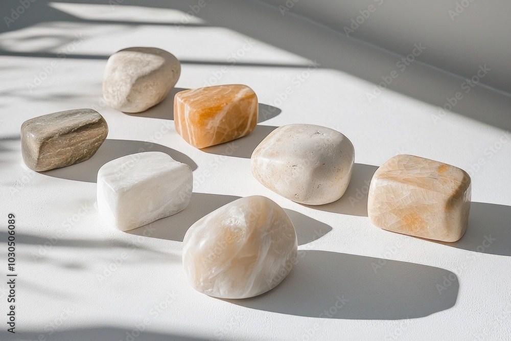 A minimalist arrangement of geometric-shaped stones on a white surface, casting soft shadows A minimalist arrangement of geometric-shaped stones on a white surface, casting soft shadows
