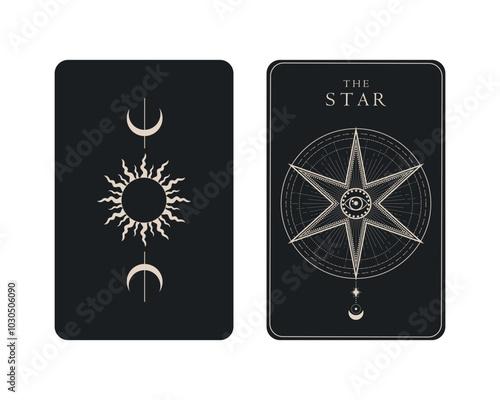 Tarot card of Major Arcana the Star. Tarot card in front and reverse side. Tarot symbolism. Mystery, astrology, esoteric. Vector illustration