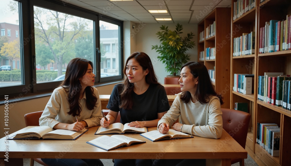 Three asian women discussing study material in a library. Three asian women discussing study material in a library.