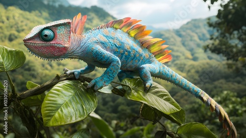 Colorful fictional lizard with vibrant scales perched on a lush green leaf. photo