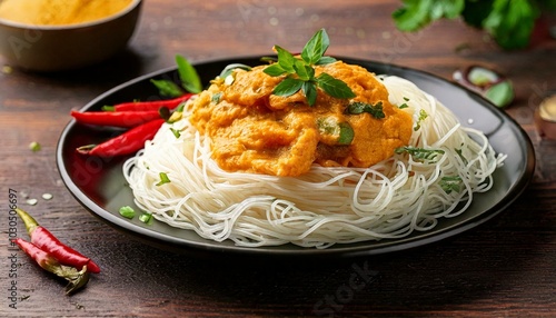 Steamed rice noodles piled next to vegan Thai curry sauce