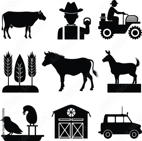 Farm Life Black Silhouette Vector Illustration: Cow, Farmer, Tractor, Wheat, Horse, Goat, Birds, Barn, Car, Farming Icon Set Graphics