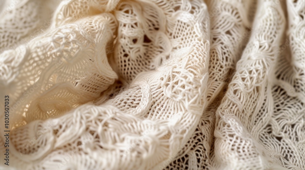 The closeup of a handknitted shawl showcasing the intricate lacelike stitches and the delicate d of the fabric. The closeup of a handknitted shawl showcasing the intricate lacelike stitches and the delicate d of the fabric.