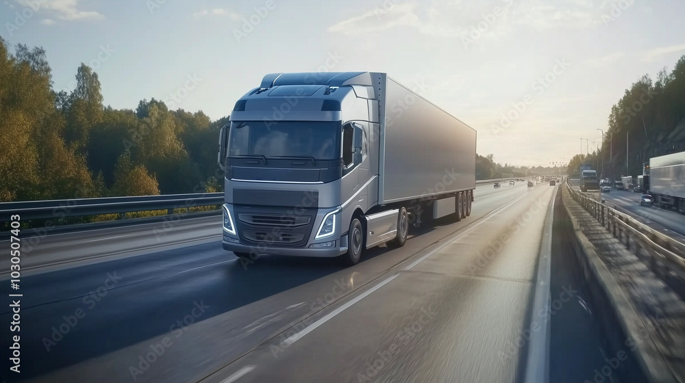 A concept of a self-driving delivery truck on a highway, logistics, dynamic and dramatic compositions. Background for business A concept of a self-driving delivery truck on a highway, logistics, dynamic and dramatic compositions. Background for business