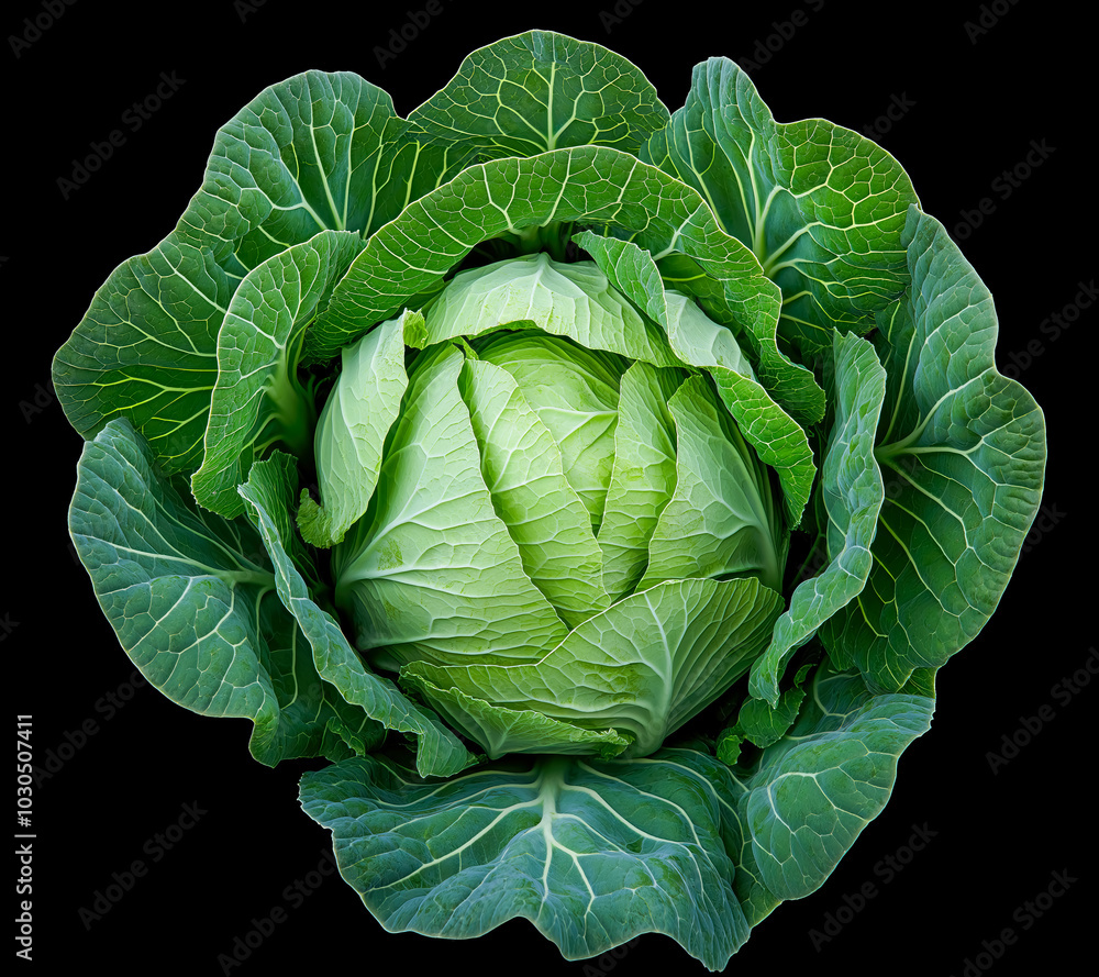 Fototapeta premium Cabbage isolated on a black background top view, high-resolution.