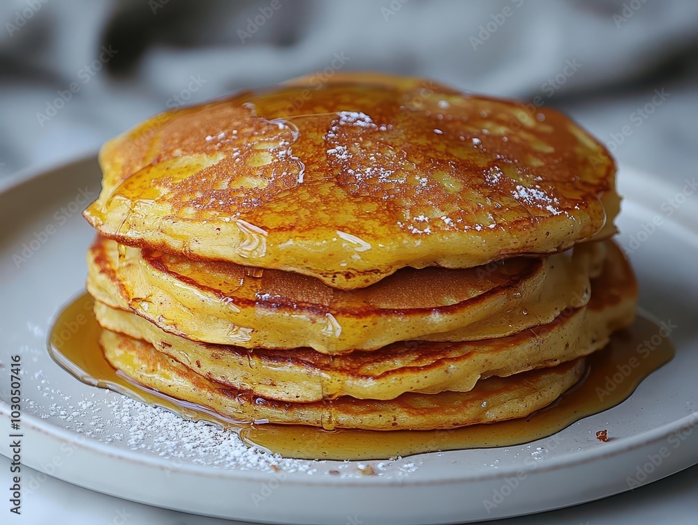 golden-brown pancakes stacked high, drizzled with golden honey syrup, resting on a pristine white plate, against a flawless white backdrop, highlighting the deliciousness golden-brown pancakes stacked high, drizzled with golden honey syrup, resting on a pristine white plate, against a flawless white backdrop, highlighting the deliciousness