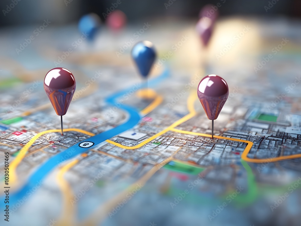 Digital GPS Location on Map with Navigation Pins and Route Path Concept Digital GPS Location on Map with Navigation Pins and Route Path Concept