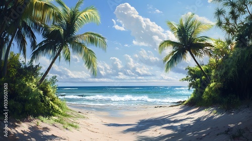Beach with coconut trees and blue sea It is beautiful and calm and relaxing.