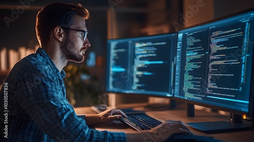 Focused Caucasian male programmer working late at night on dual monitors.