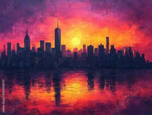 gorgeous new york city skyline at sunset, showcasing iconic skyscrapers silhouetted against a vivid orange and purple sky, capturing the essence of urban life and vibrant energy of the city