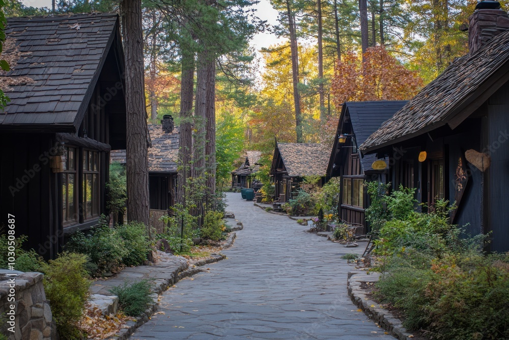 A serene pathway lined with charming cabins amidst tall trees and autumn foliage. A serene pathway lined with charming cabins amidst tall trees and autumn foliage.