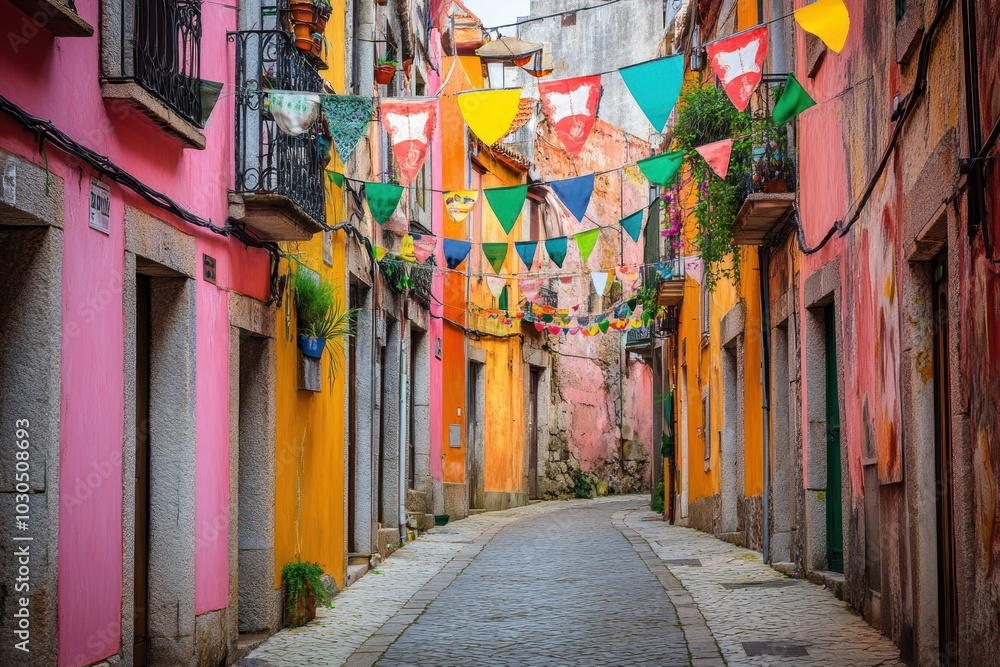 Fototapeta premium Colorful alleyway adorned with festive banners and vibrant buildings.