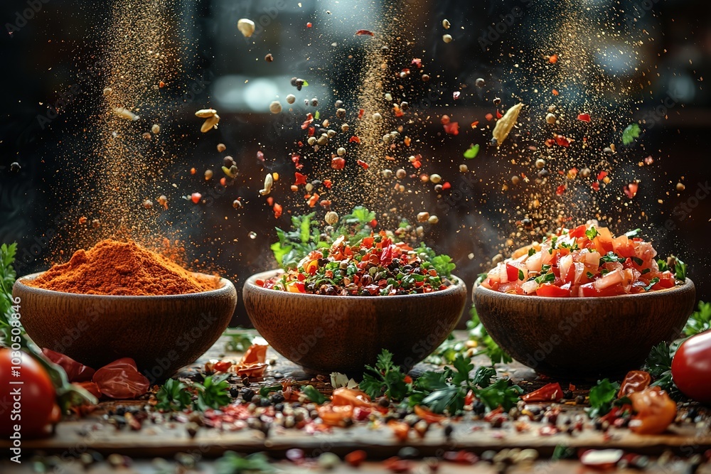 Three bowls of food with spices and vegetables on a wooden table Three bowls of food with spices and vegetables on a wooden table