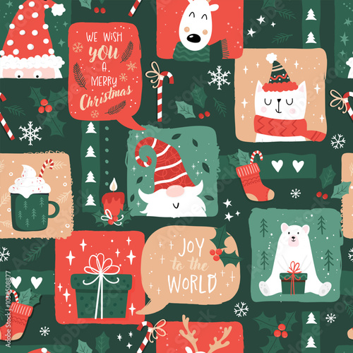 Lovely christmas seamless pattern, cute characters and decoration, great for wrapping paper, textiles, banners, wallpapers - vector design