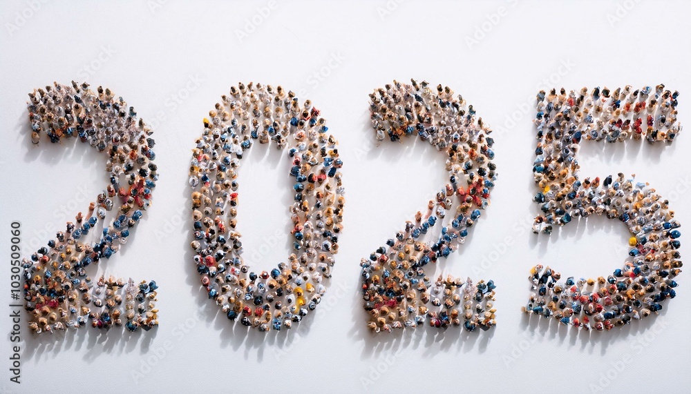 Human crowd forming a text 2025 on white background Human crowd forming a text 2025 on white background