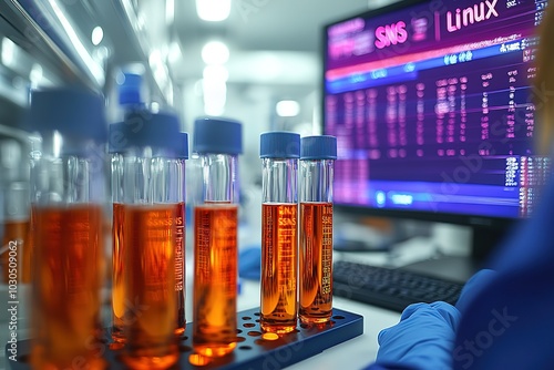 The person is wearing gloves and is surrounded by several orange glass bottles