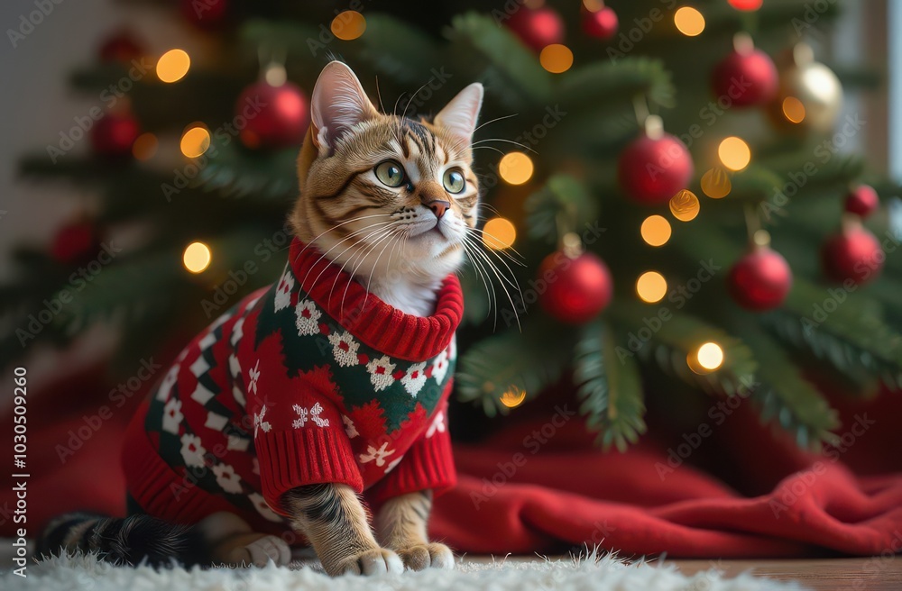 A festive cat in a cozy sweater beside a beautifully decorated Christmas tree. Cozy House. New Year A festive cat in a cozy sweater beside a beautifully decorated Christmas tree. Cozy House. New Year