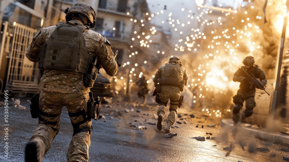 In a bustling city under attack, soldiers dash through illuminated streets as buildings erupt in flames, embodying urgency and destruction in a nighttime confrontation In a bustling city under attack, soldiers dash through illuminated streets as buildings erupt in flames, embodying urgency and destruction in a nighttime confrontation