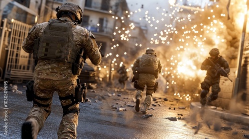 In a bustling city under attack, soldiers dash through illuminated streets as buildings erupt in flames, embodying urgency and destruction in a nighttime confrontation