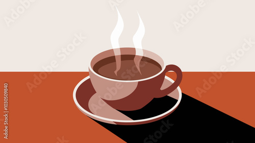 Steaming coffee cup on saucer with long shadow