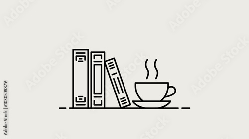 Simple line art of books and coffee cup