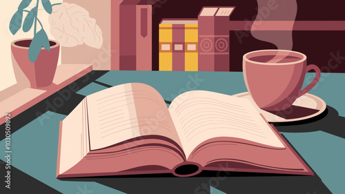 Cozy reading nook with open book and coffee cup