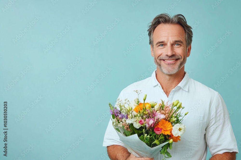 portrait of a smiling middle-aged Caucasian man in a white shirt with a bouquet of flowers on a blue background with copy space portrait of a smiling middle-aged Caucasian man in a white shirt with a bouquet of flowers on a blue background with copy space
