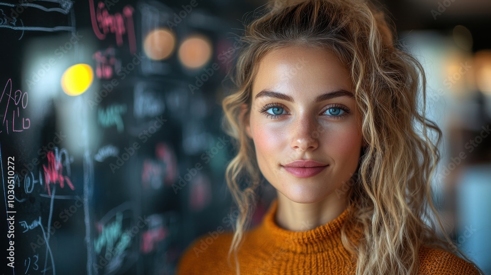 A young woman with long blonde hair and blue eyes stands in front of a chalkboard with writing on it. She is smiling and looking directly at the camera. A young woman with long blonde hair and blue eyes stands in front of a chalkboard with writing on it. She is smiling and looking directly at the camera.