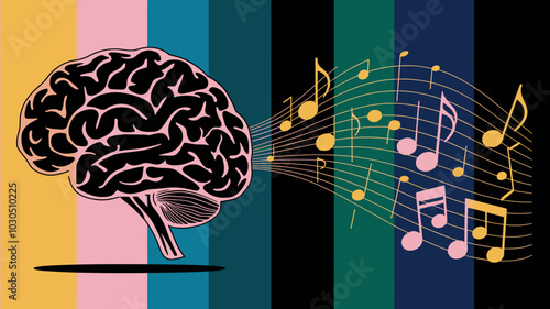 Vector brain and musical notes on colorful background illustration