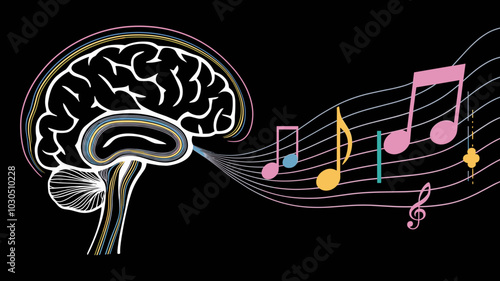 Vector brain outline with musical notes illustration