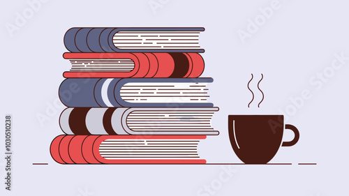 Vector stack of books with coffee cup illustration