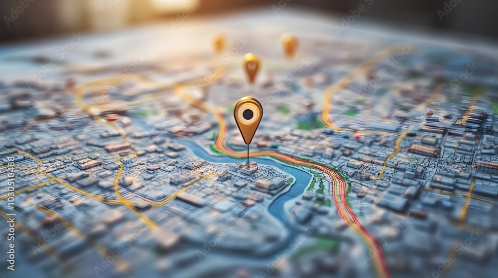 Digital GPS Location on Map with Route Path Pin Concept Digital GPS Location on Map with Route Path Pin Concept