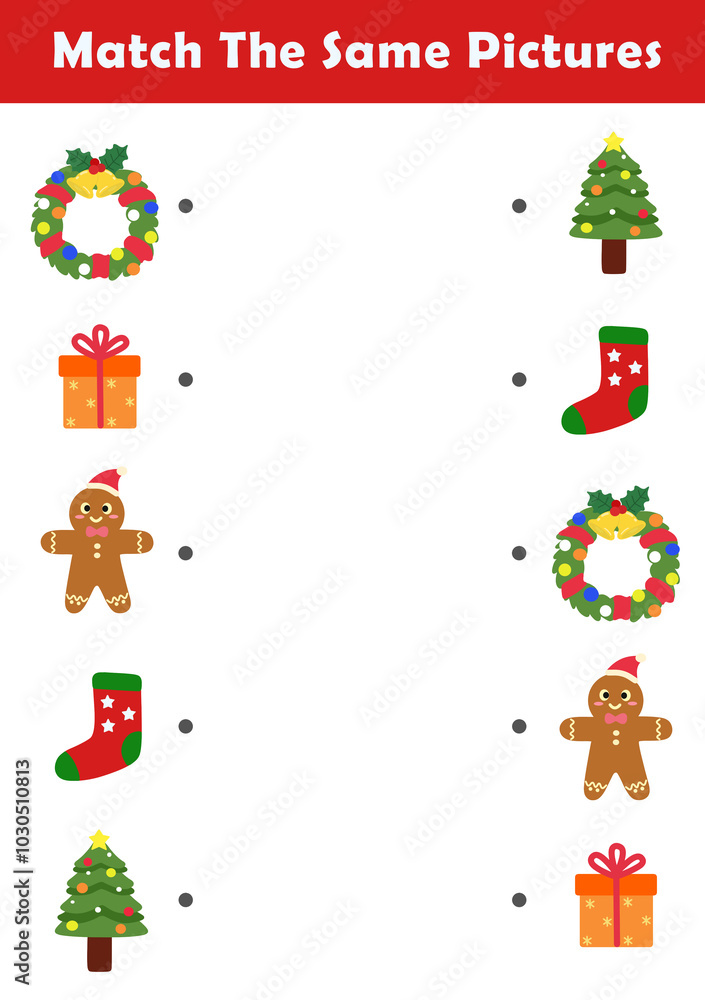 Christmas activity sheet. Find same picture worksheet for kids. Worksheet for kids kindergarten, preschool and school age. Education game for children with cute christmas illustration. Christmas activity sheet. Find same picture worksheet for kids. Worksheet for kids kindergarten, preschool and school age. Education game for children with cute christmas illustration.