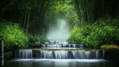 A serene bamboo forest with cascading waterfalls and mist, evoking tranquility and nature's beauty.