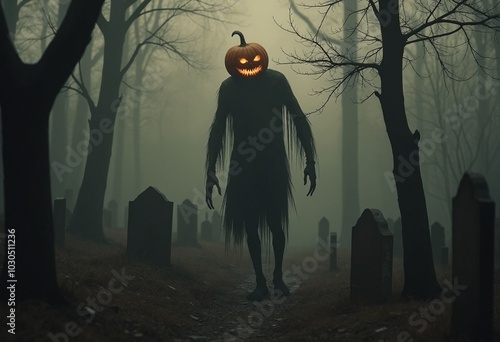 An aged photograph shows a tall haunting creature with elongated limbs, and has the head of a wickedly carved pumpkin photo