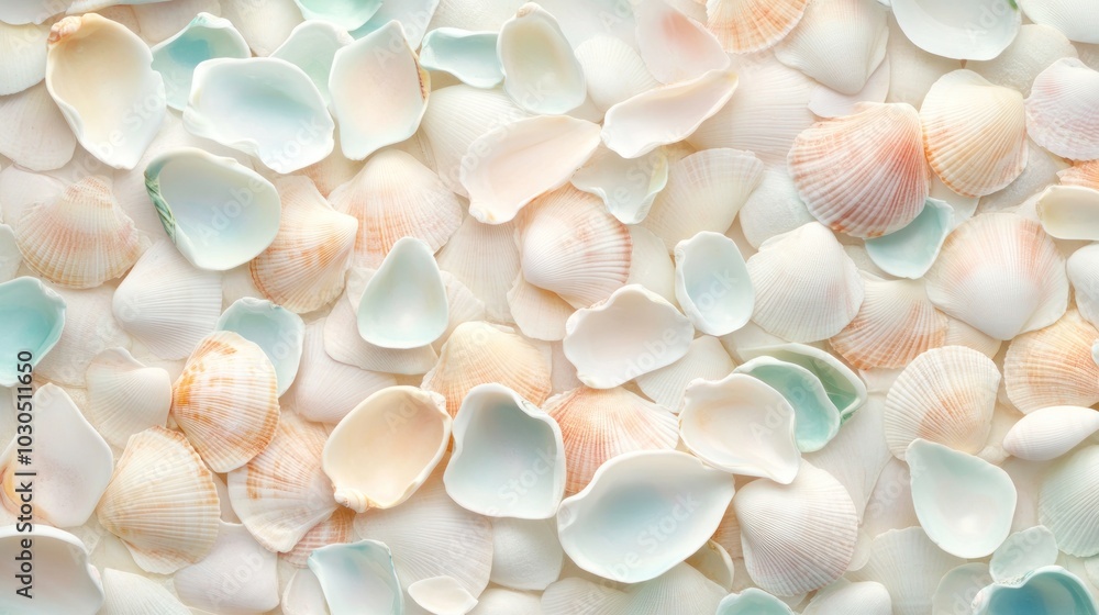 A close-up of various seashells in soft pastel colors on a light background. A close-up of various seashells in soft pastel colors on a light background.