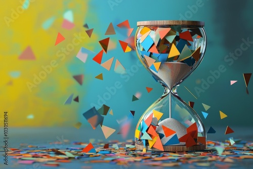 A hourglass with colorful, geometric pieces representing time management in business.  photo