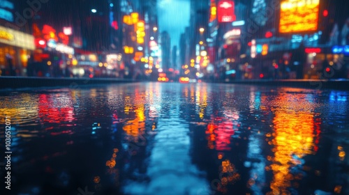 Rain-soaked city street at twilight with vibrant reflections in large puddles and autumnal colors