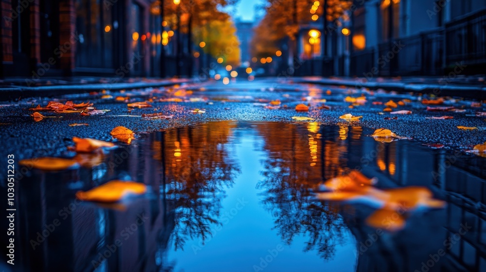 Rain-soaked city street at twilight with vibrant reflections in large puddles and autumnal colors Rain-soaked city street at twilight with vibrant reflections in large puddles and autumnal colors