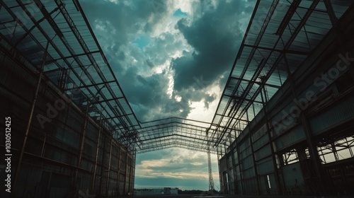 Expansive industrial warehouse under a cloudy sky. 